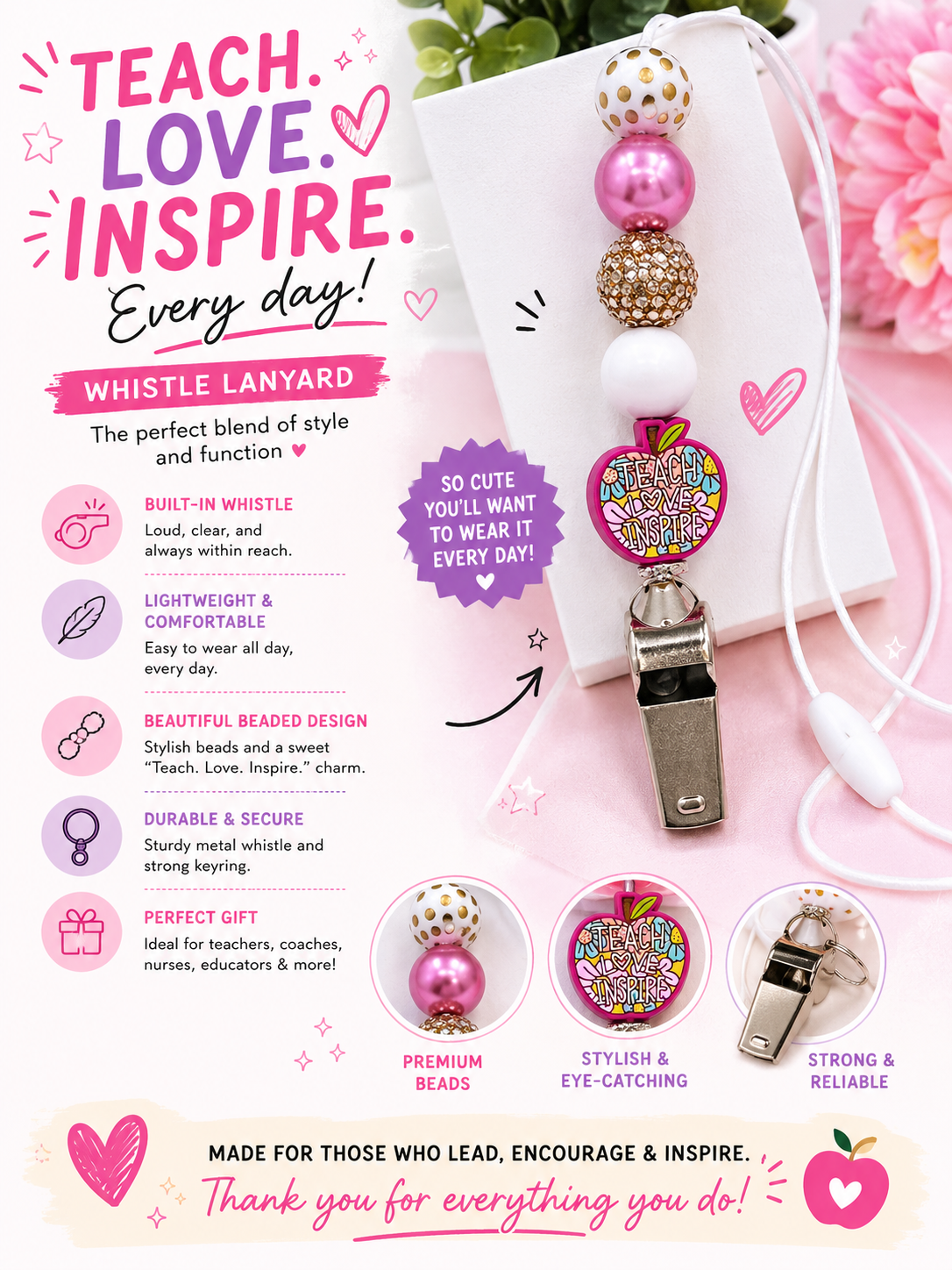 Teacher apple Whistle lanyard