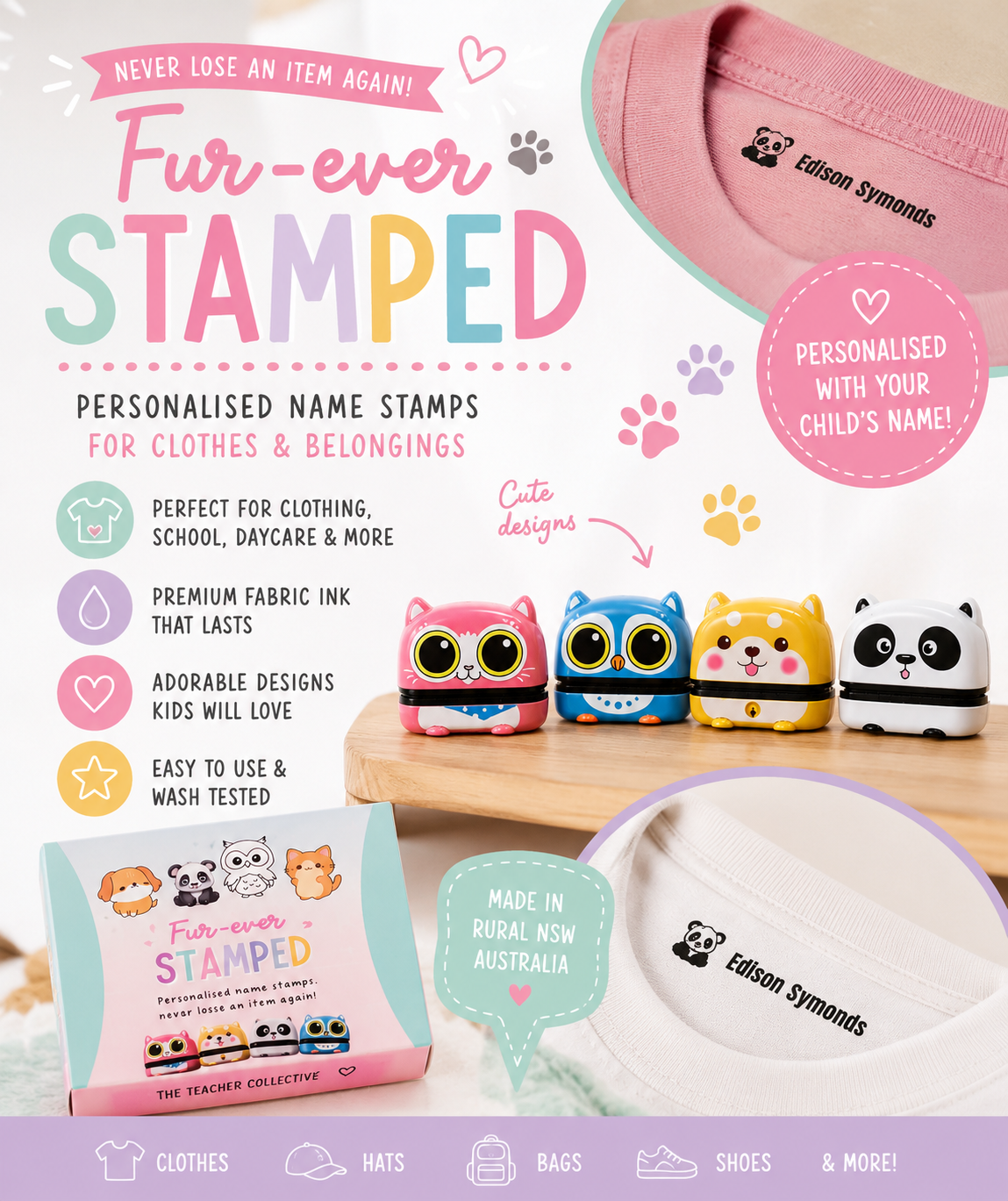 Fur-ever Stamped personalised fabric name stamps for school, daycare and childcare.