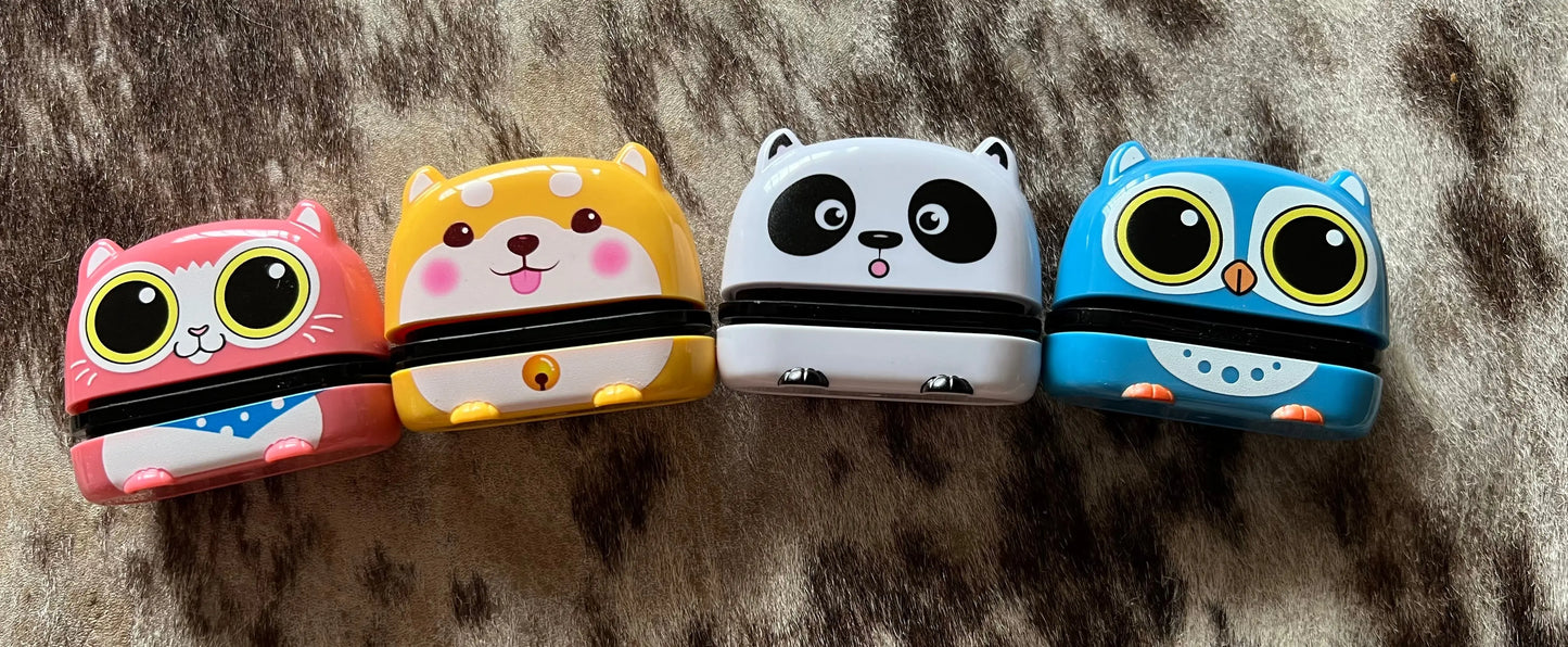 Fur-ever Stamped personalised animal name stamps including cat, dog, panda and owl designs.