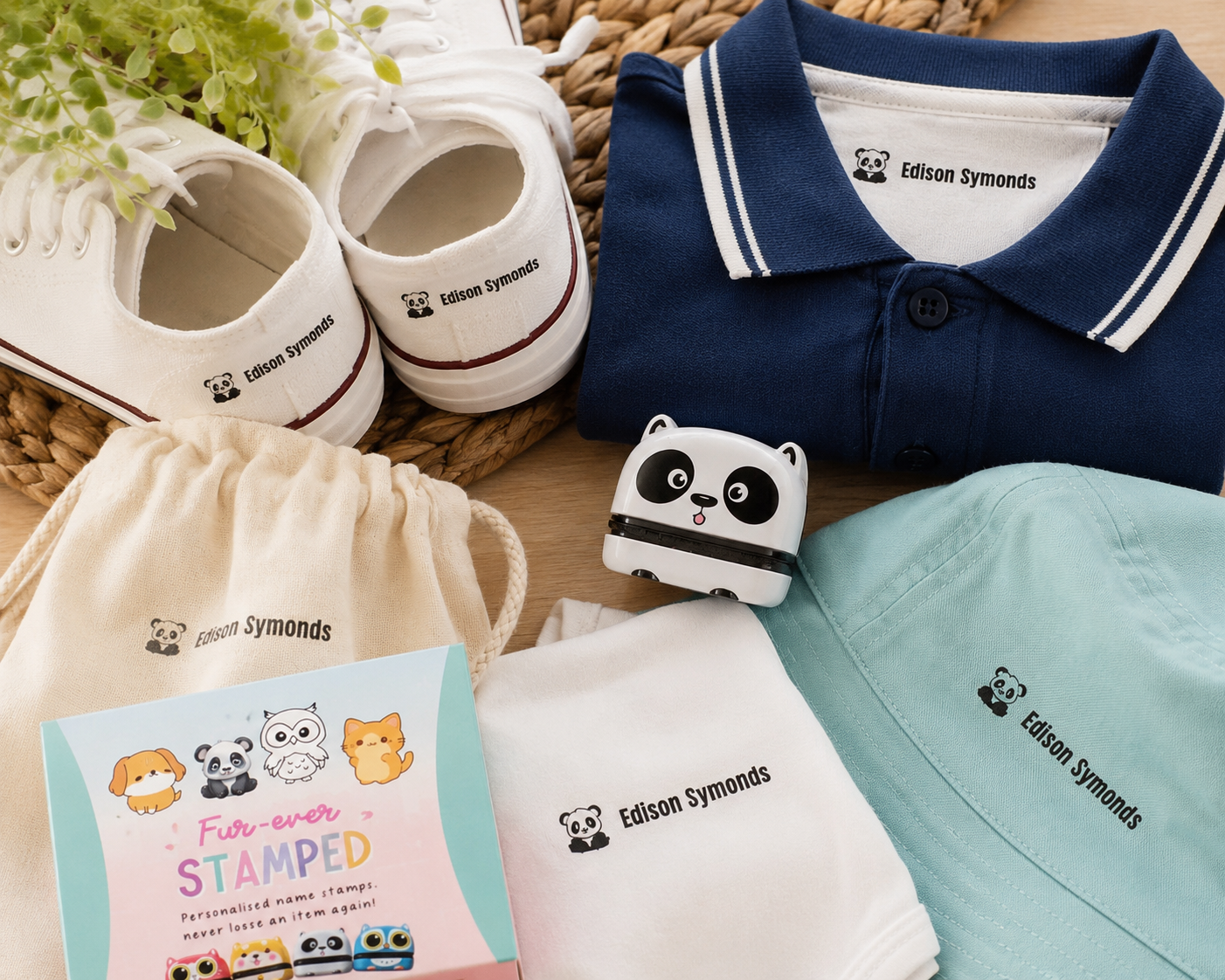 Personalised fabric clothing stamp used on children’s school uniform and clothing labels.
