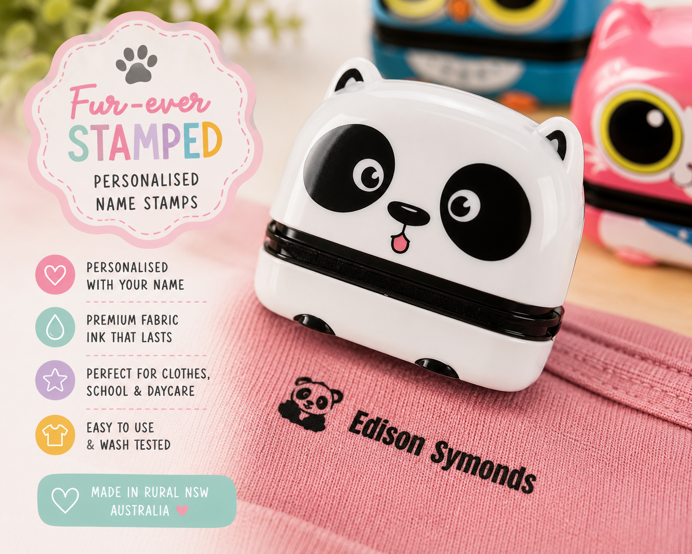 Cute personalised animal clothing stamp for marking children’s belongings.