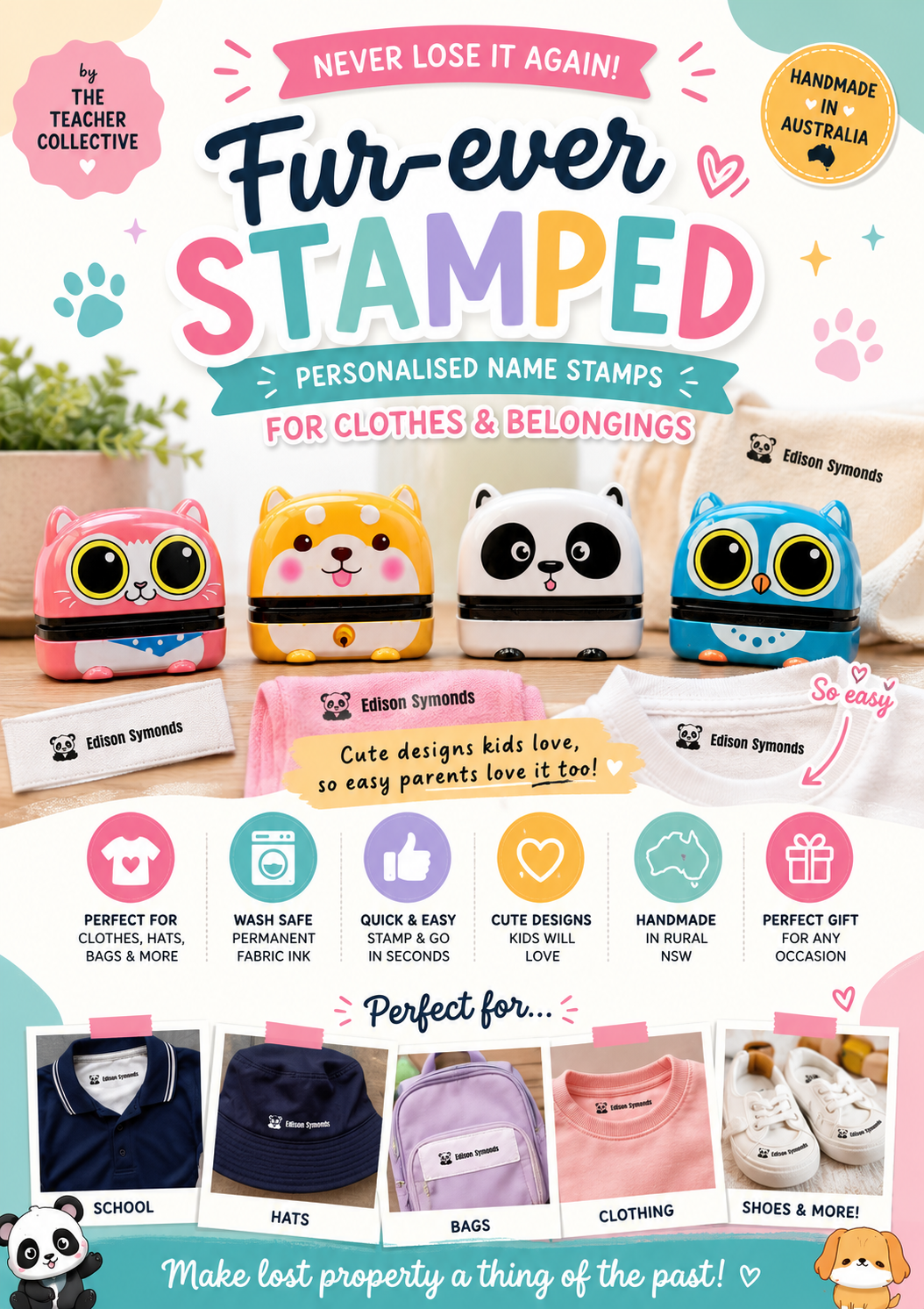 Fur-ever Stamped personalised fabric name stamps for school, daycare and childcare.