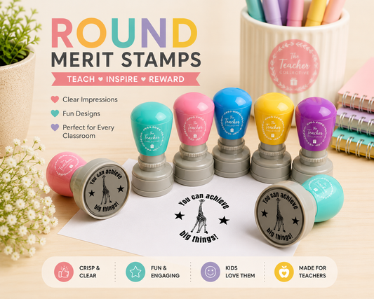 A set of colorful round merit stamps displayed on a desk with printed sample stamps, promotional text, and school-themed props including notebooks and a cup of pens.