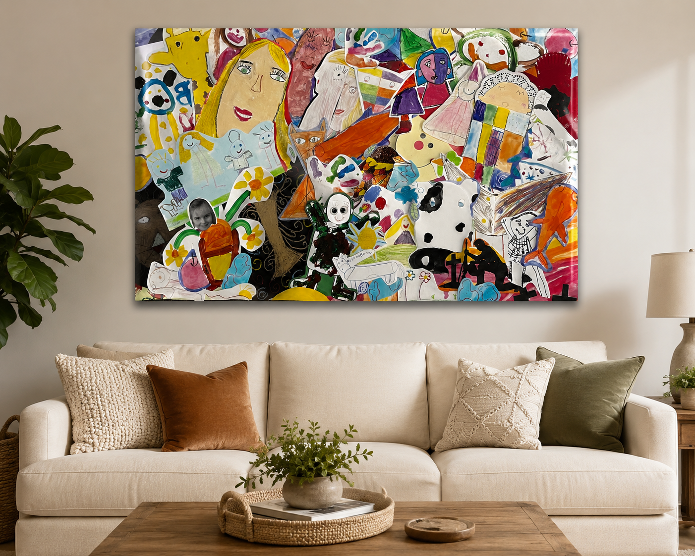 The Legacy artwork heirloom canvas displayed above a living room sofa. 
