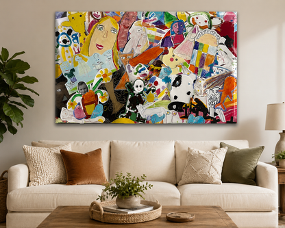 The Legacy artwork heirloom canvas displayed above a living room sofa. 