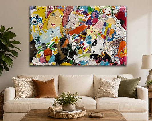 The Legacy artwork heirloom canvas displayed above a living room sofa. 